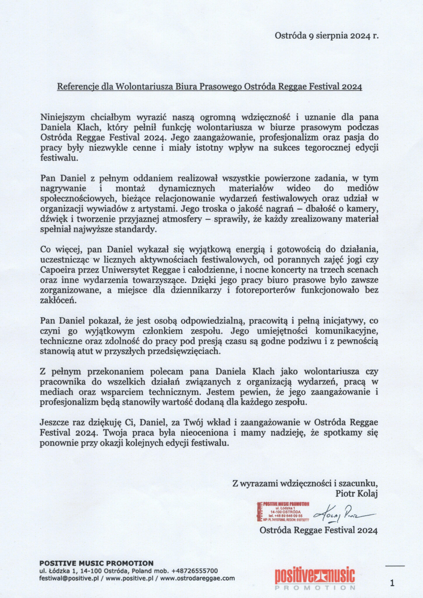 Referencje dla Wolontariusza Biura Prasowego Ostróda Reggae Festival 2024